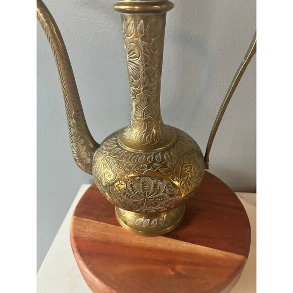 Vintage Hand-Engraved Solid Brass Ewer Pitcher – Ornate Middle Eastern Style - Picture 8 of 11